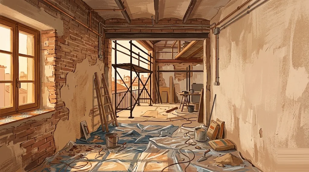Interior de piso español durante reforma integral con muro de ladrillo expuesto, andamio y tuberías de cobre visibles