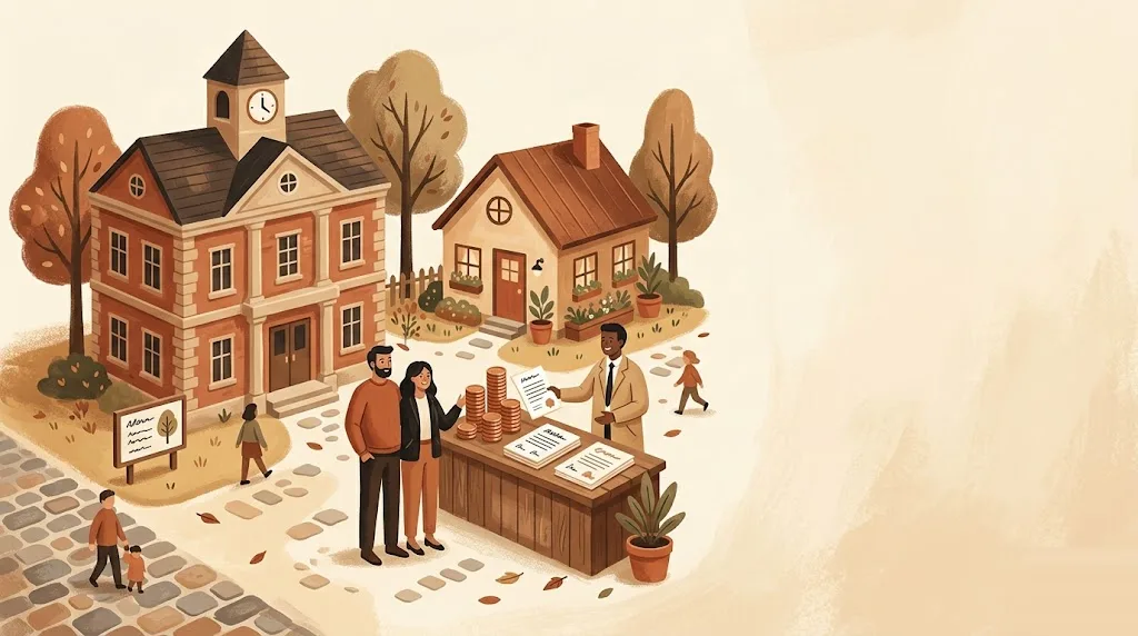 Ayudas municipales a la reforma: un pequeño edificio de ayuntamiento junto a una casita con pilas de monedas y documentos de subvención local