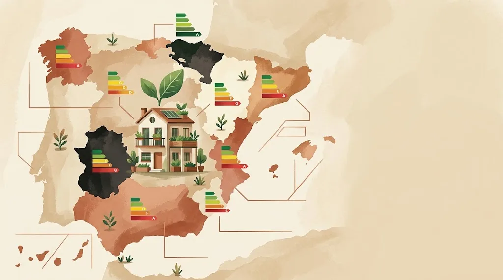 Certificado energético por comunidades: un mapa estilizado de España con pequeñas barras de calificación energética sobre distintas regiones y una casa con una hoja verde