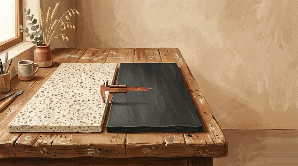 Dos losas de encimera de cocina comparadas lado a lado, una de cuarzo moteado y otra de porcelánico mate, sobre un banco de trabajo cálido con un calibre de cobre