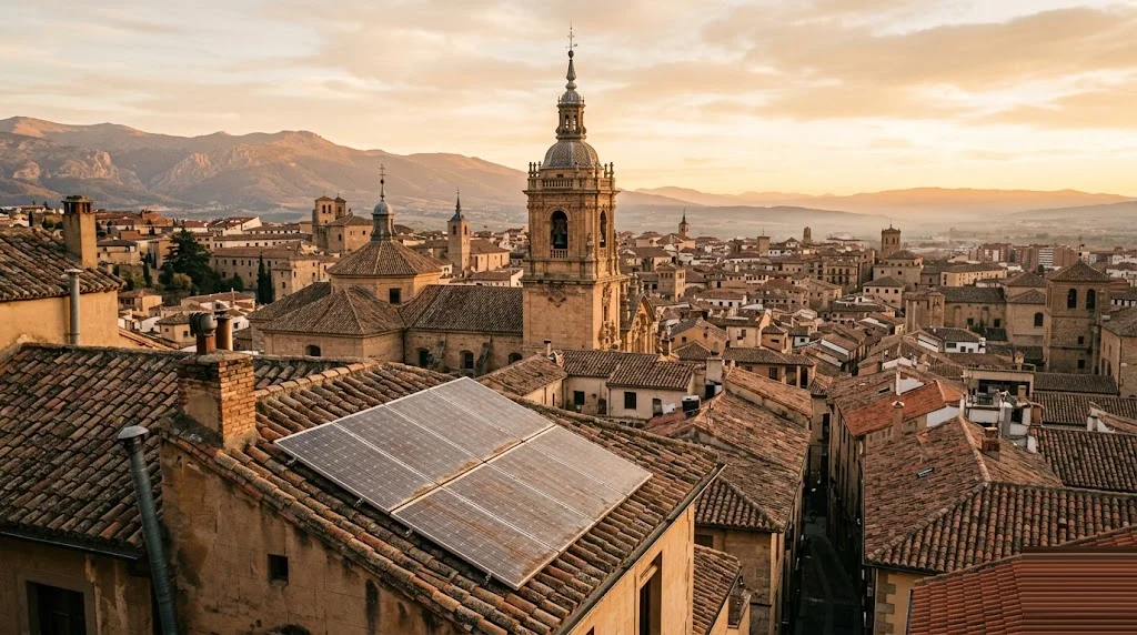 Tejados de una ciudad española con placas solares recién instaladas en una vivienda y un recibo de IBI en primer plano