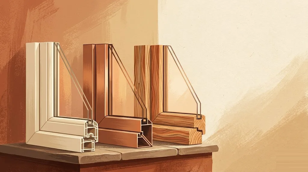 Tres muestras de esquina de marco de ventana alineadas para comparación, una de PVC, una de aluminio y otra de madera natural, sobre una superficie cálida con luz suave